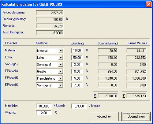 GAEB - Konverter, Kalkulations�bersicht