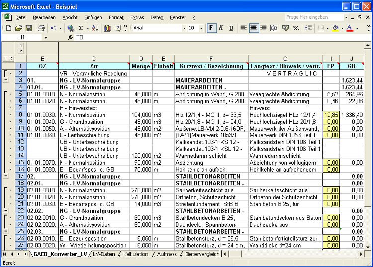 GAEB - Konverter, Excel-Export