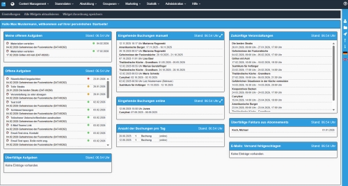 Auf der celanio-Startseite werden individuell konfigurierbare Widgets angezeigt.