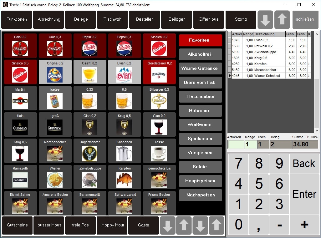 Prisma Gastrokasse Gastro-Kasse Kassensoftware graphische Tischanwahl 