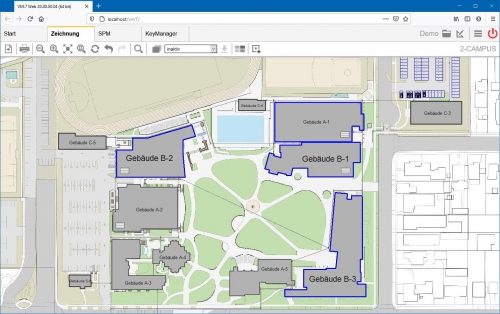 Campus-Pläne mit Trassen und Navigation zu Gebäude-Grundrissen (im Web)