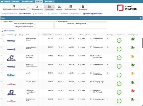 Ergebnisliste im Smart Consult Schnellrechner
