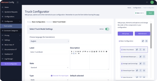 Mercura Truck Configurator – Form Builder interface for product configuration