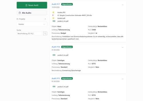 Audit overview and project management on baupruefen.de