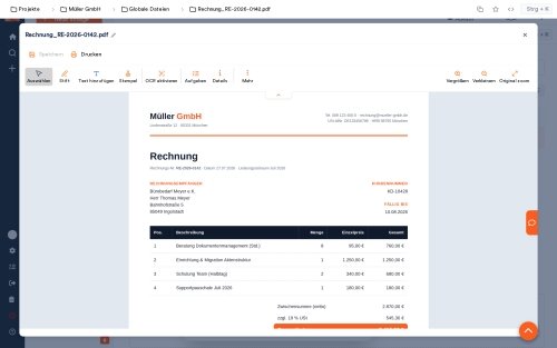 PDF document view with editing functions and invoice details