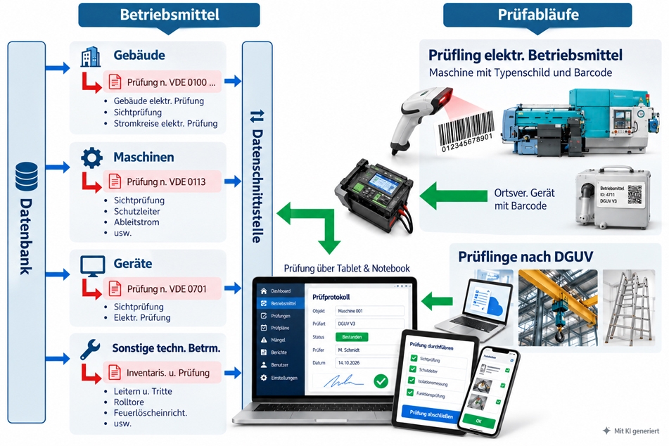 Das dargestellte Datenmodell illustriert die Struktur und den Datenfluss der verschiedenen Prüfungen